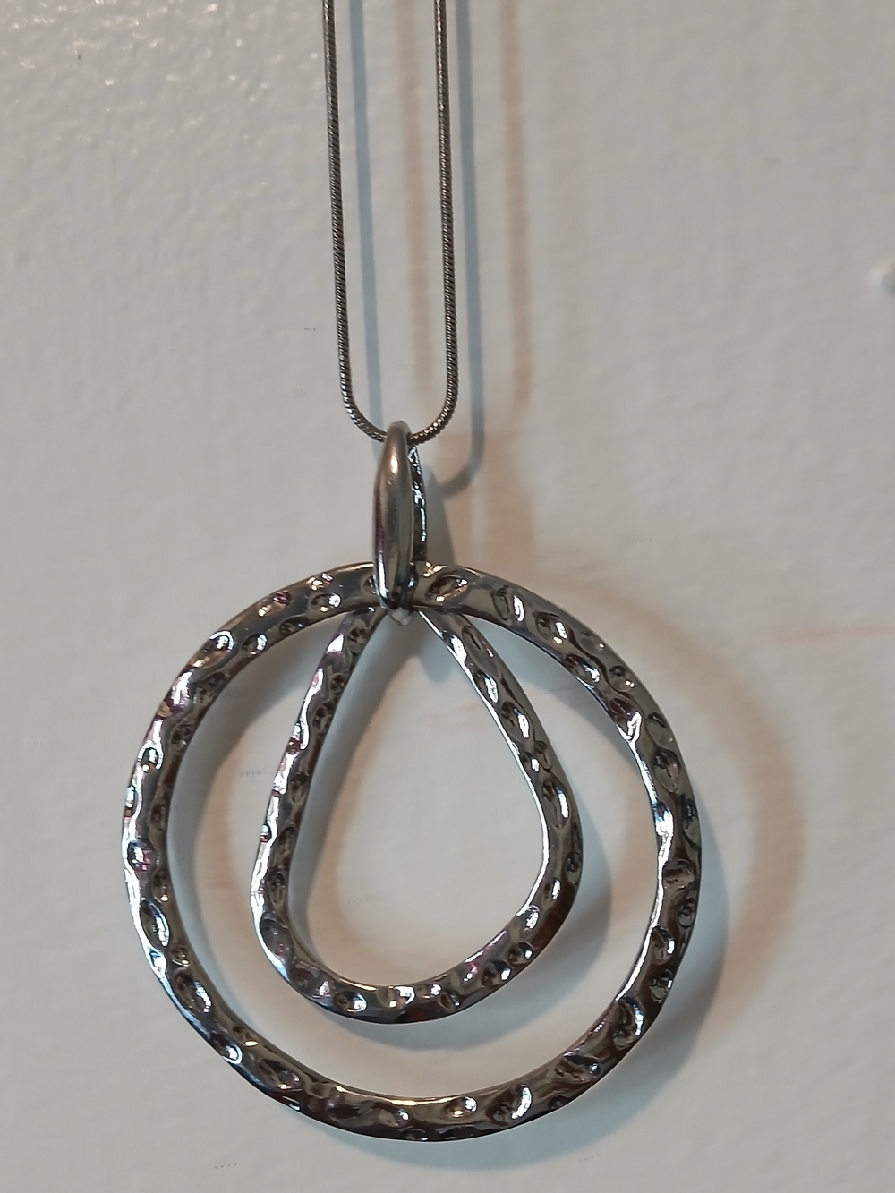 Hammered Double Hoop Pendant Necklace - Silver Tone
